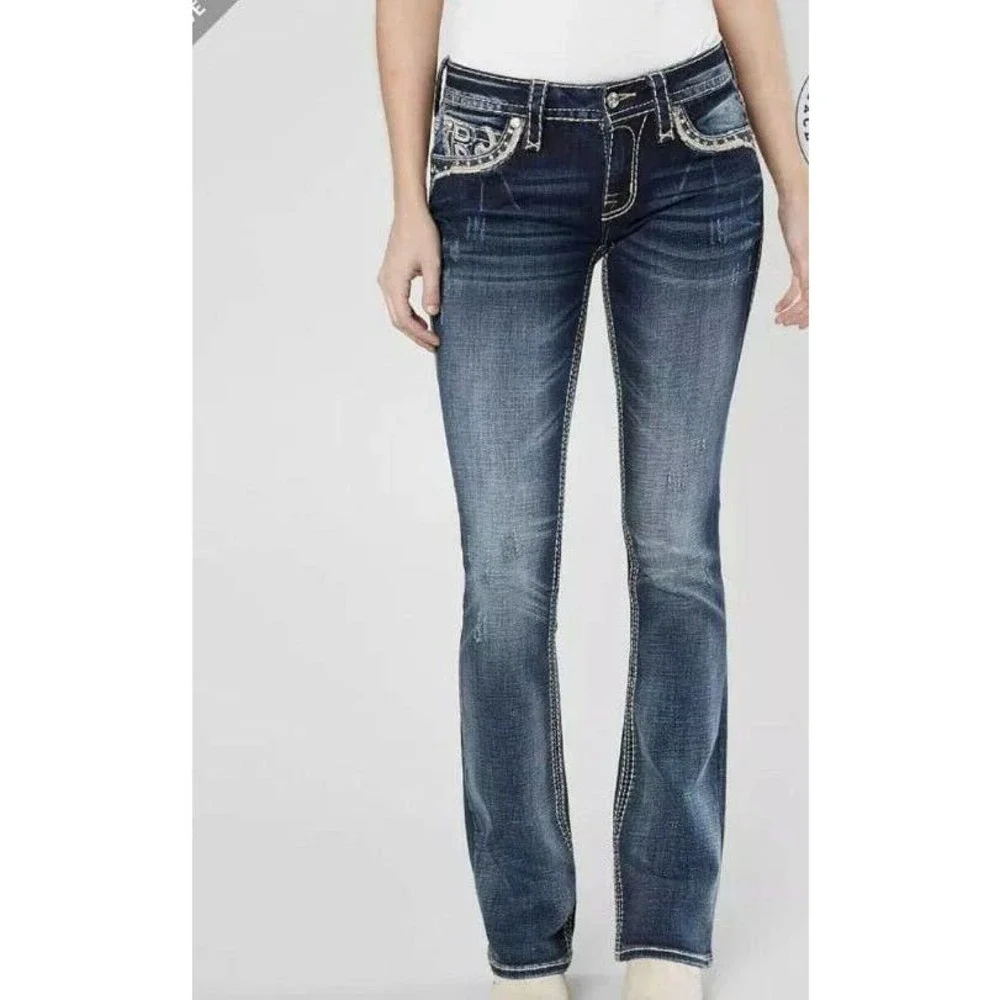 Rock Revival Embroidered Logo Ferry Bootcut Jeans Medium Wash Blue Women Size 27